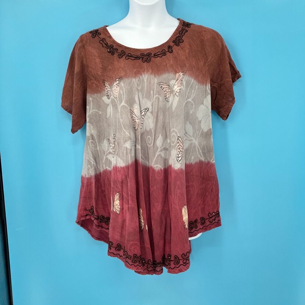 Boho Shirt One Size Pullover Coverup Whimsy Butterfly Embroidered Fairy Flowy